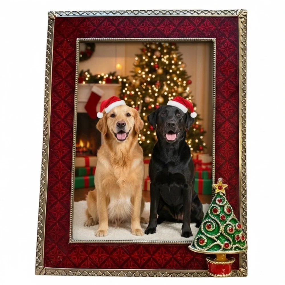 Christmas picture frame, metal, enamel, rhinestones, heavy weight, sturdy